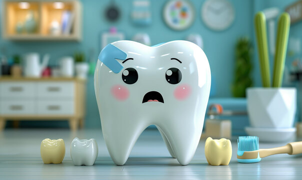 Caricatura, una muela con una tirita azul, expresi&oacute;n susto, reparaci&oacute;n caries, muelas sarro, un cepillo de dientes, higiene dental, educaci&oacute;n infantil, prevenci&oacute;n, cuidado, divertido	