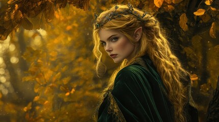 Enchanting elf in a lush autumn forest, surrounded by golden leaves and soft sunlight