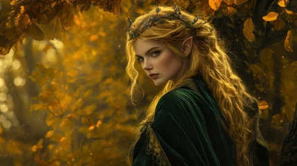 Enchanting elf in a lush autumn forest, surrounded by golden leaves and soft sunlight