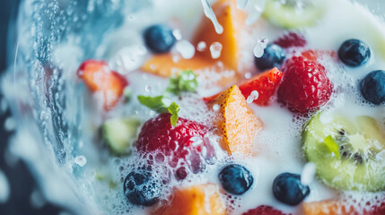 Refreshing fruit salad with milk, offering a healthy and colorful dessert option for food blogs and recipe websites