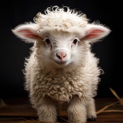 Fototapeta premium an AI Image Generator, Cute Curly-Wool Lamb Standing on Wooden