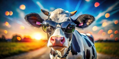 Fototapeta premium Long exposure captures a funny spotted cow, shades on, basking in the farm's sun.