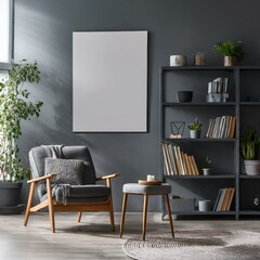 Gray living room with bookcase and poster