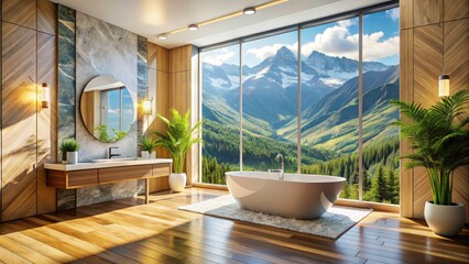Fototapeta premium Luxurious bathroom: panoramic mountain vista, marble walls, warm wood floors, showcased in a captivating 3D render.