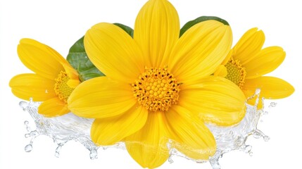 Obraz premium Three Vibrant Yellow Flowers Surrounded by Splashes of Water Against a White Background