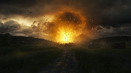Fototapeta premium Dramatic explosion at sunset illuminating a rural landscape with dark clouds and debris