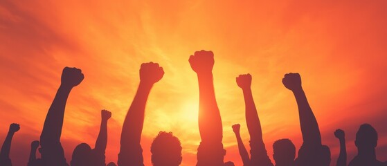 Empowering protesters raise fists against injustice at dusk social issues silhouette uplifting spirit