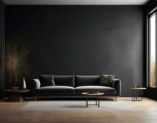 Dark living room interior with black empty wall