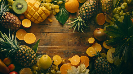 Exotic fruits on a wooden table, perfect for healthy lifestyle promotional content