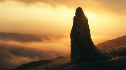 A cloaked figure stands on a rocky landscape at sunset, overlooking a misty valley with golden light
