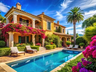 Fototapeta premium Mediterranean estate: luxurious villa, stunning pool views, perfect for an idyllic vacation getaway.