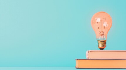 Inspiring idea generation with books and light bulb creative workspace digital art bright background elevated perspective