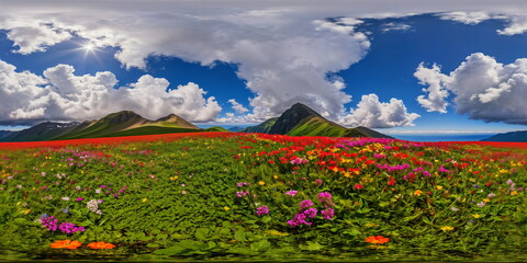 Obraz premium Full 360 degrees seamless spherical panorama HDRI equirectangular projection of A vibrant rainbow-colored field. Texture environment map for lighting and reflection source rendering 3d scenes.