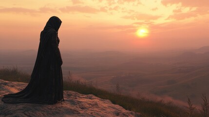A mysterious figure in a dark cloak gazes at a sunset over rolling hills, evoking contemplation