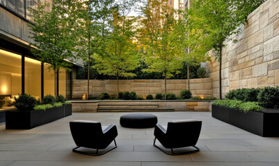 Modern outdoor lounge area with trees and seating in a tranquil urban setting