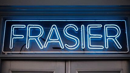 Obraz premium Eye-catching blue neon sign displaying name frasier above doors