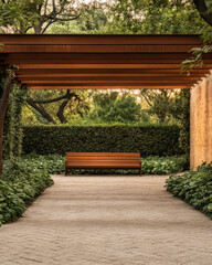 Obraz premium Tranquil bench beneath a wooden pergola in a lush garden with vibrant greenery