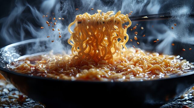 Sizzling ramen delight indulging in korean ramyeon with gochujang and sesame cinematic style dark kitchen scene