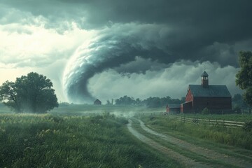 Fototapeta premium Tornado Approaching Rural Farmland, countryside bracing for impact as winds gain strength, survival amidst an extreme weather calamity.