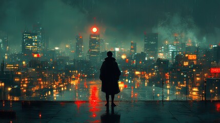 nighttime reflections lofi manga wallpaper of a sad yet beautiful scene with cityscape person in front of the city generative ai