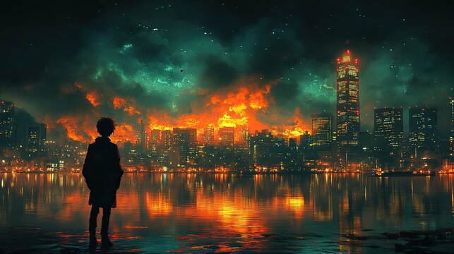 nighttime reflections lofi manga wallpaper of a sad yet beautiful scene with cityscape person in front of the city generative ai