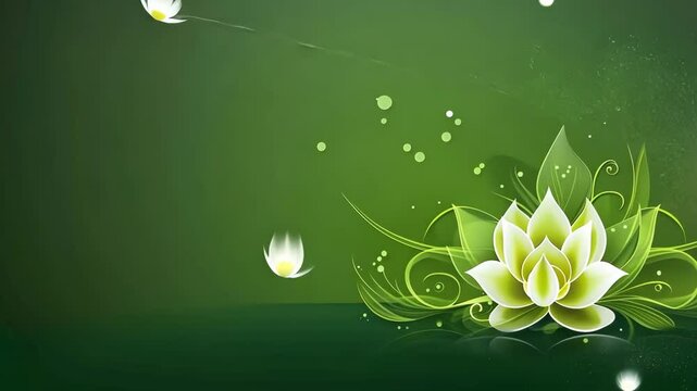 A serene green background adorned with elegant white lotuses and lush green leaves. A luxurious design template with copy space, perfect for celebrating Ugadi, India's New Year.