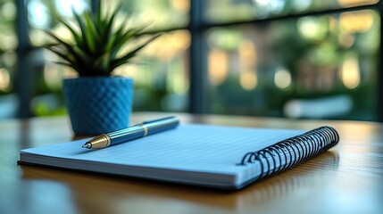 notepad on a table with pen before meeting blue tone business concept with copy space generative ai