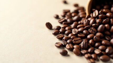 Naklejka premium Roasted coffee beans spilling from a rustic container onto a light beige surface