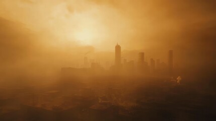 A hazy sunset over a city skyline, shrouded in fog, with silhouettes of skyscrapers and distant smoke