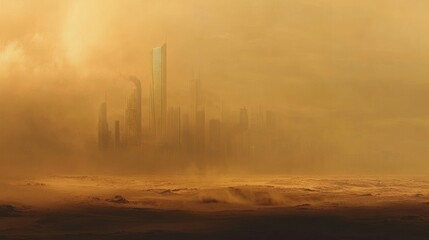 Futuristic city skyline emerging from a dense, dusty atmosphere during sunset