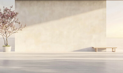 Modern minimalist space with empty wall and tree in a serene setting