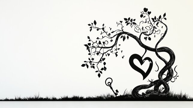 Heart tree wall art, key, grass background, romantic decor