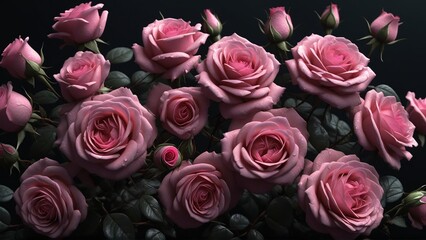 Fototapeta premium Dark Moody 3D Floral Artwork.Pink Yellow Roses Composition.Luxury branding, editorial design, fashion photography backdrops, high-end cosmetic branding, wallpaper, banner, wedding, gift card, greeting