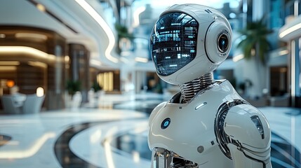 A futuristic AI operating system managing a luxury hotel with seamless precision