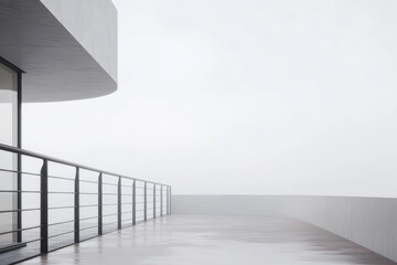 Obraz premium Modern balcony with raindrops on a cloudy day overlooking a tranquil landscape