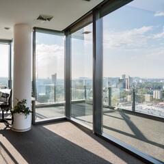 Corner view on bright office room interior with panoramic window