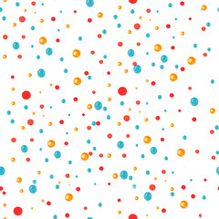 Seamless pattern with colorful red, blue and yellow bubbles confetti painted in watercolor on white isolated background. Transparent realistic for sticker, card, fabric, tags, textile printing