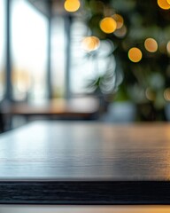 A close-up of an empty table in the foreground, with a blurry office background, blurred focus, and bokeh lights. 
