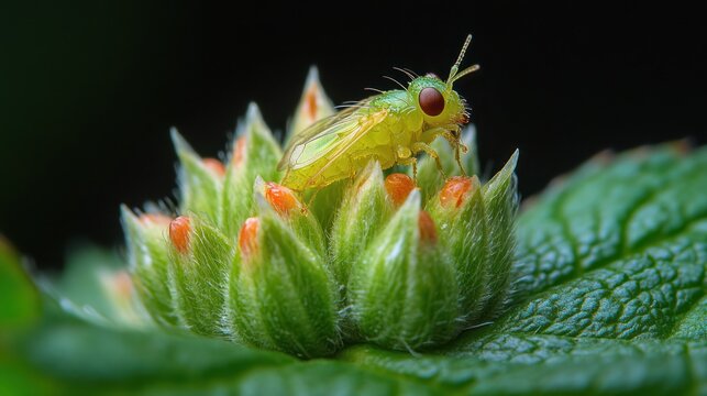Green insect perched on plant bud, macro shot, dark background, nature photography