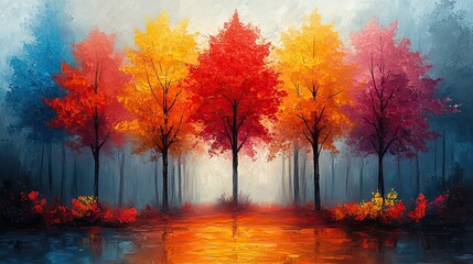 oil painting of colorful trees in autumn on a textured artistic background