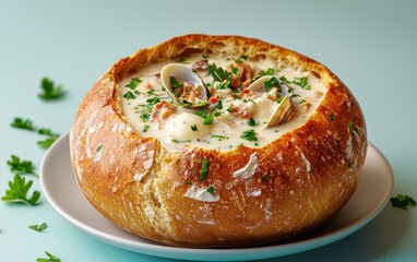 Hovering bowl of clam chowder in a sourdough bread bowl, isolated on a pastel background