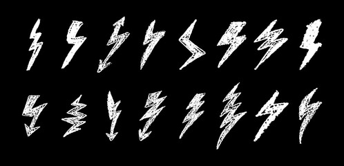 Set of lightning by wax pen drawing. Collection of handdrawing chalk , light flash signs, Doodle thunder bolts, white color design elements. Graffiti style weather symbols. Vector illustration