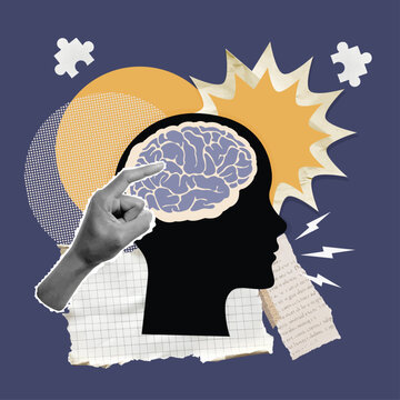 Artistic hand pointing at a human brain silhouette to symbolize knowledge and ideas, vector illustration