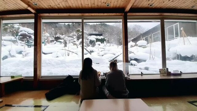 Enjoy unique snow-covered forest scenery winter day with light snow breeze, Secret Realm Jozankei Hoheikyo Onsen Hokkaido, Japan. mountain canyons, snowstorm landscapes, frozen streams