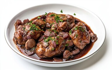 Fototapeta premium Hovering plate of French coq au vin with red wine sauce, isolated on a white background