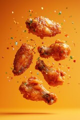 fried chicken wings floating in the air, orange background