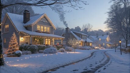 Fototapeta premium Winter Wonderland Celebration Suburban Neighborhood Holiday Scene Evening Glow Cozy Atmosphere Family Gathering