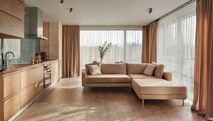 Fototapeta premium Wooden and beige kitchen set with sofa near window with curtains