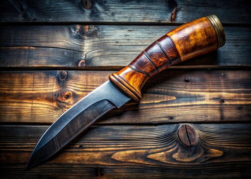 Rustic charm: a vintage khukri knife, elegantly posed on grey wood.