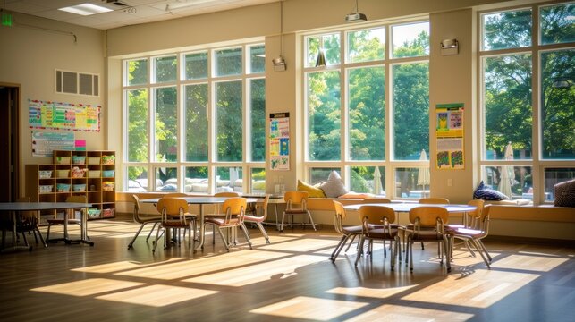Bright and airy classroom bathed in sunlight, featuring large windows offering a view of lush greenery. Ideal learning space, promoting a positive and stimulating environment for young minds.
